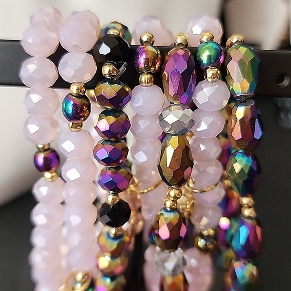 Hand Made Set of 7 AB Pink Crystal Glass Bracelets with Gold Charms Semanario - Picture 7 of 7